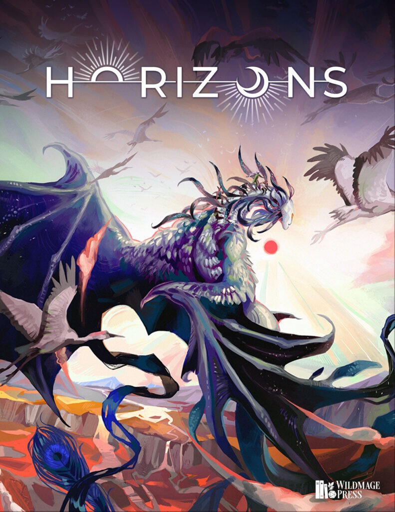 Cover of Horizons 1, with an illustration of a winged draconic creature soaring above a landscape with rivers and canyons. Tiny figures are riding on the creature's feathered neck, and cranes soar alongside it.