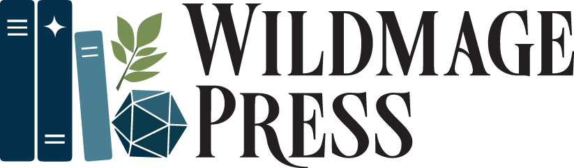 Wildmage Press logo in blues, teals, and green. The logo text is uppercase with decorative serifs, and the icon to its left is a stack of three books- two are upright with the third leaning slightly against them. To their right is a d20 and a green sprig of leaves appears above it.