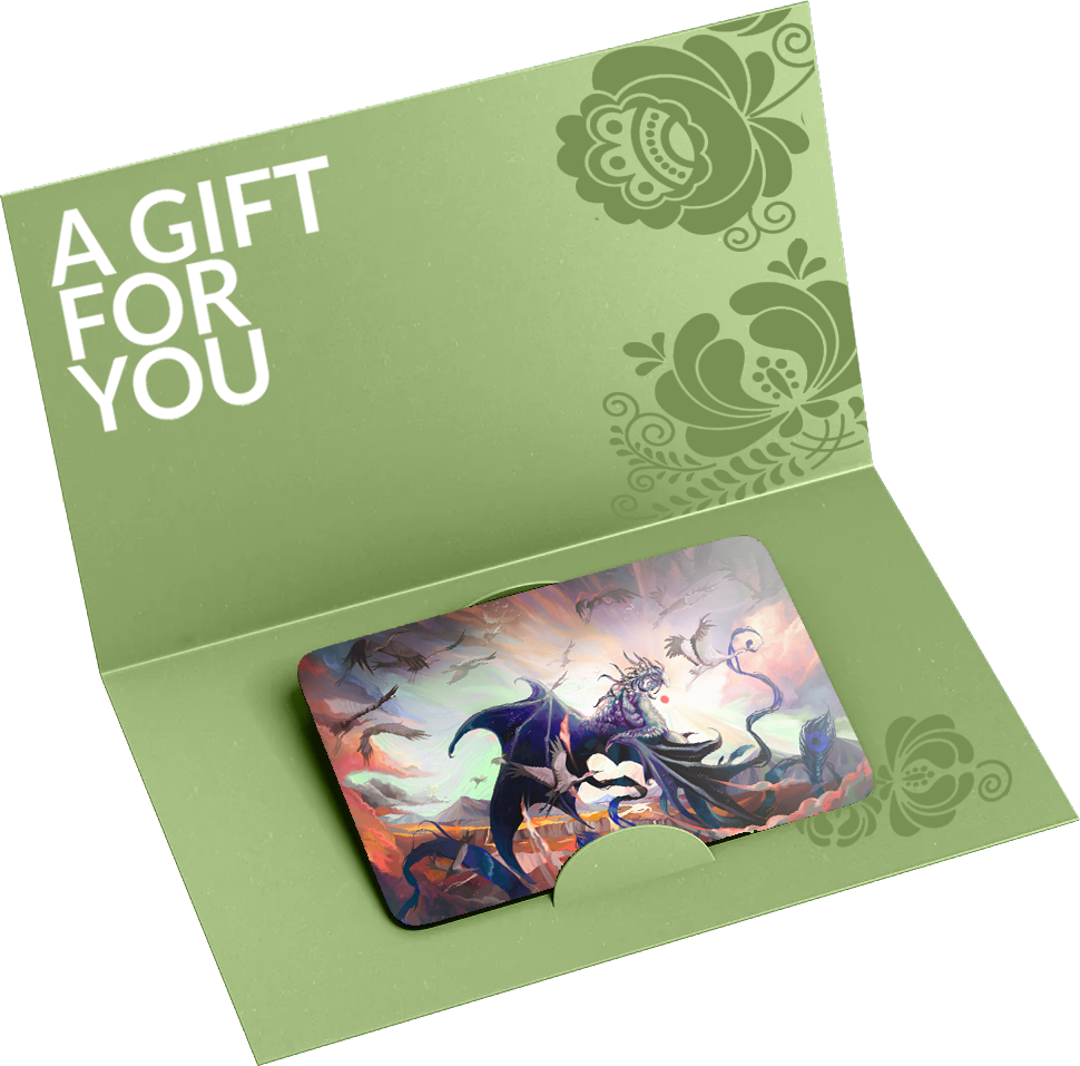 A picture of a green envelope that says "A gift for you" open and containing a plastic card with the dragon from the cover of Horizons issue 1 on it