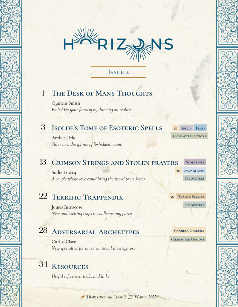 Table of contents of Horizons 2, showing the articles described below