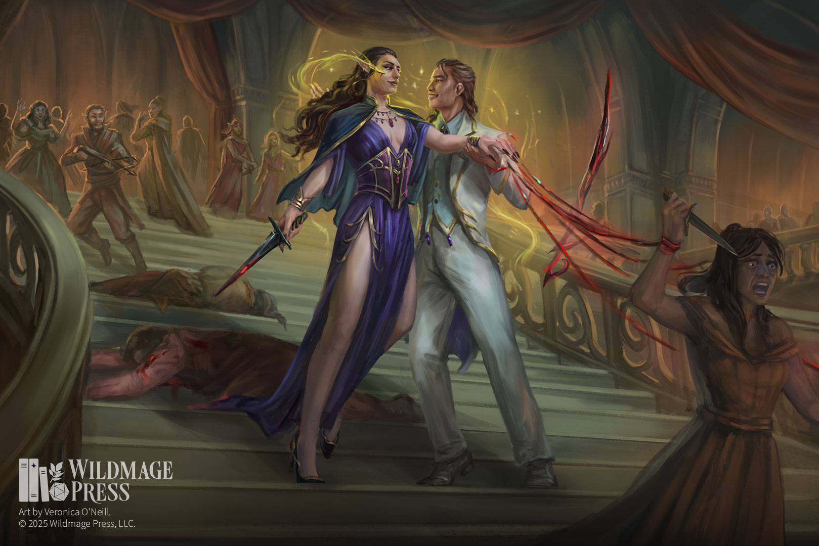 Emrys and Irene together, dressed in gala finery, descend a grand staircase arm in arm. Both are casting magic, and Irene carries a bloody knife. In the background and foreground, bodies litter the floor and horrified survivors flee from the couple.