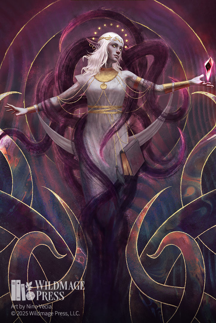An elven woman with pale skin, white hair, and extra long ears spreads her arms wide, hovering in midair as shadowy, insubstantial tentacles curl lovingly around her limbs.