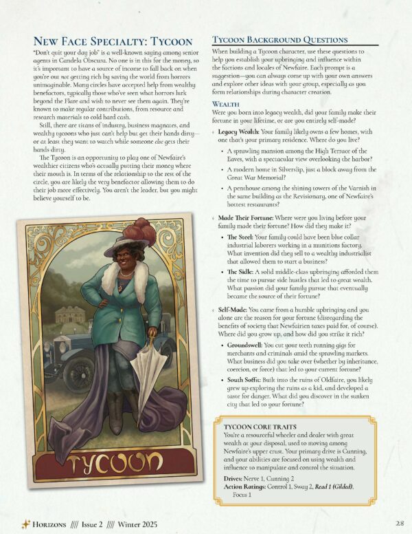 A page from Horizons with the Tycoon character speciality and background questions