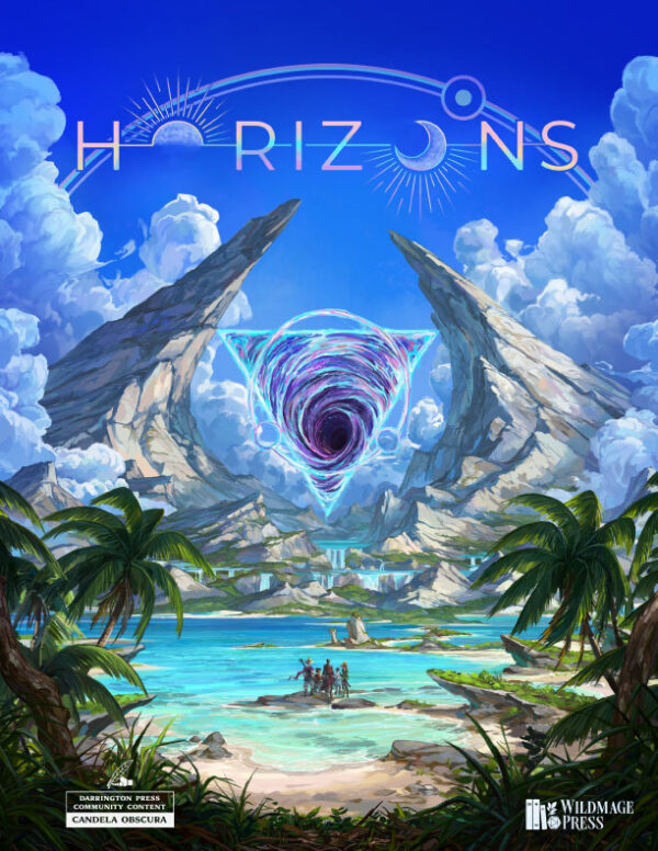 Cover of Horizons 2, a beautiful tropical shore with a white sand beach that gives way to a crystal blue ocean. In the shallows, a group of adventurers stands, observing two steep mountain peaks rising into the clouds in the distance, and a triangular portal with swirling dark energy between the peaks