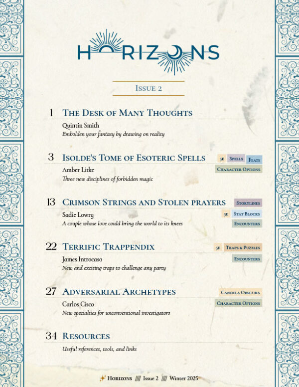 Table of contents of Horizons 2, showing the titles of the major articles.