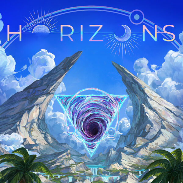 Cover of Horizons 2, a beautiful tropical shore with a white sand beach that gives way to a crystal blue ocean. In the shallows, a group of adventurers stands, observing two steep mountain peaks rising into the clouds in the distance, and a triangular portal with swirling dark energy between the peaks