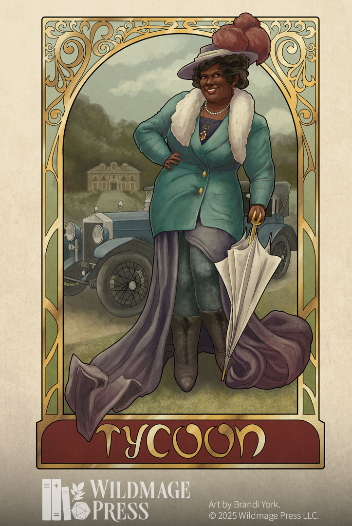 Art nouveau style portrait of a lavishly clothed black woman stands smiling, one hand on hip, leaning slightly on a parasol like a walking stick. She is adorned in pearls, a fur stoll, and a feathered cap, and behind her is a luxury car and mansion on a hill.