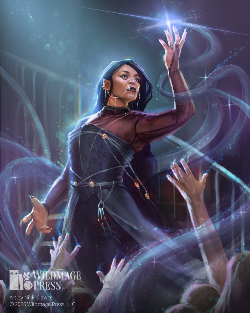 A brown-skinned, femme orc warlock with long black hair descends a staircase towards a crowd of clamoring fans. From their excitement, a pool of swirling energy emerges, coalescing into a glowing source of power in the orc's outstretched arm.