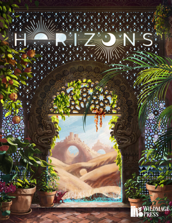 An ornately carved arching doorway opens out on a desert landscape. Within the doorway potted palms, lush flowers, and orange trees grow in the partial light filtering through the doorway.