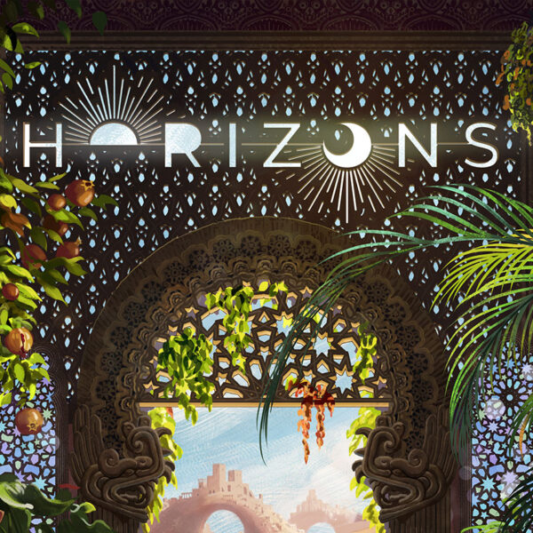 An ornately carved arching doorway opens out on a desert landscape. Within the doorway potted palms, lush flowers, and orange trees grow in the partial light filtering through the doorway.