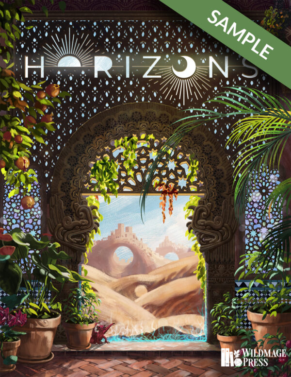 An ornately carved arching doorway opens out on a desert landscape. Within the doorway potted palms, lush flowers, and orange trees grow in the partial light filtering through the doorway. A banner on the top right corner says SAMPLE