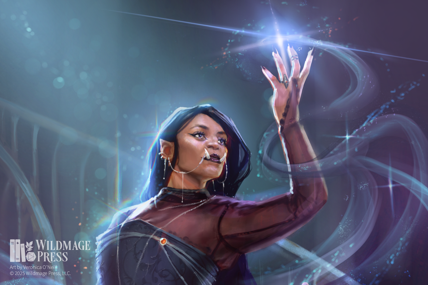 crowd_patron_watermarked_horizontal A brown-skinned, femme orc warlock with long black hair descends a staircase, raising a hand that holds a glowing source of power.