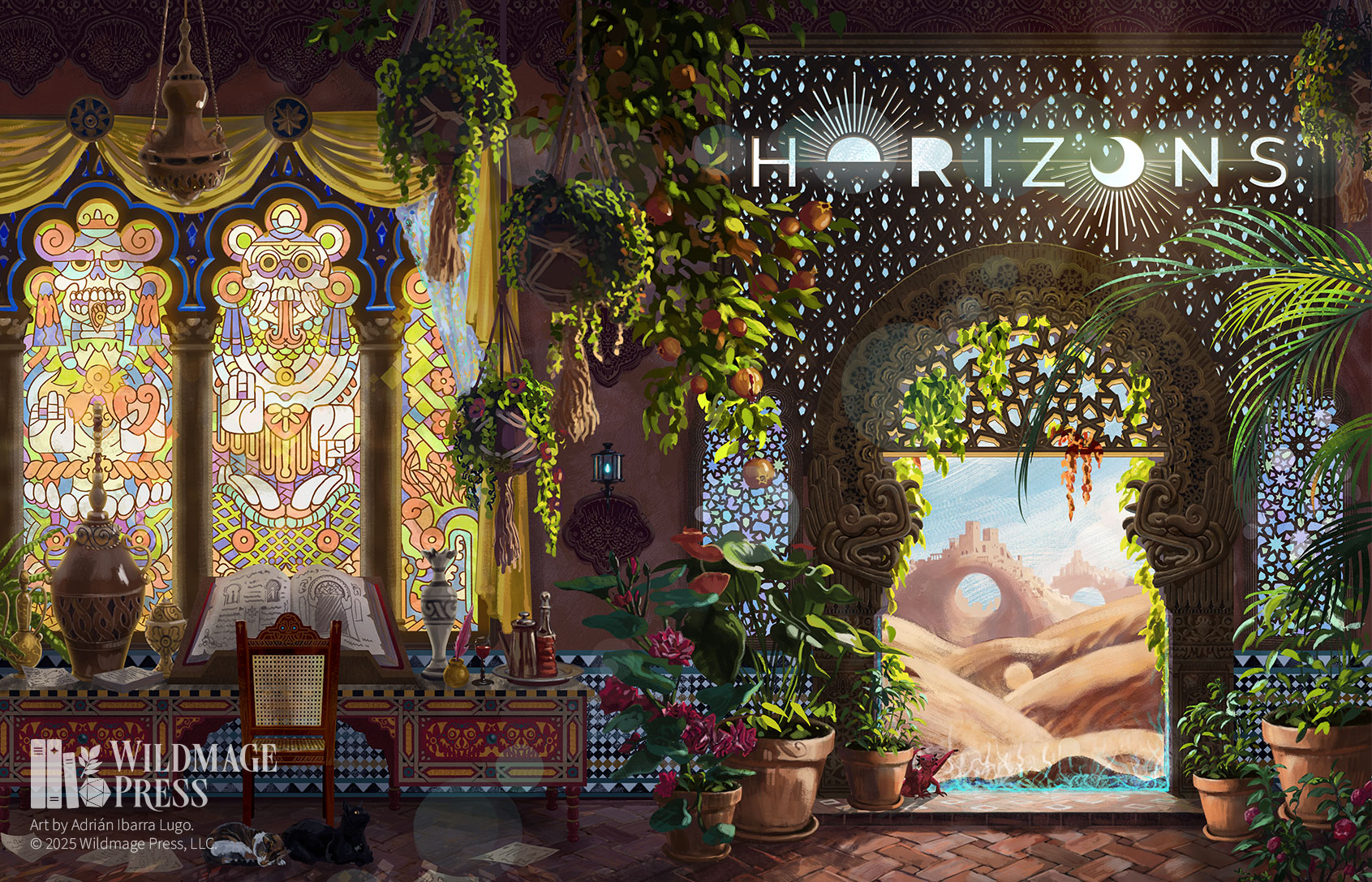 An ornately carved arching doorway opens out on a desert landscape. Within the doorway potted palms, lush flowers, and orange trees grow in the partial light filtering through the doorway. Further into the room, two cats rest below an ornate desk with a spellbook and potion. The desk faces a colorful stained glass window above a wall tiled with bright mosaics.